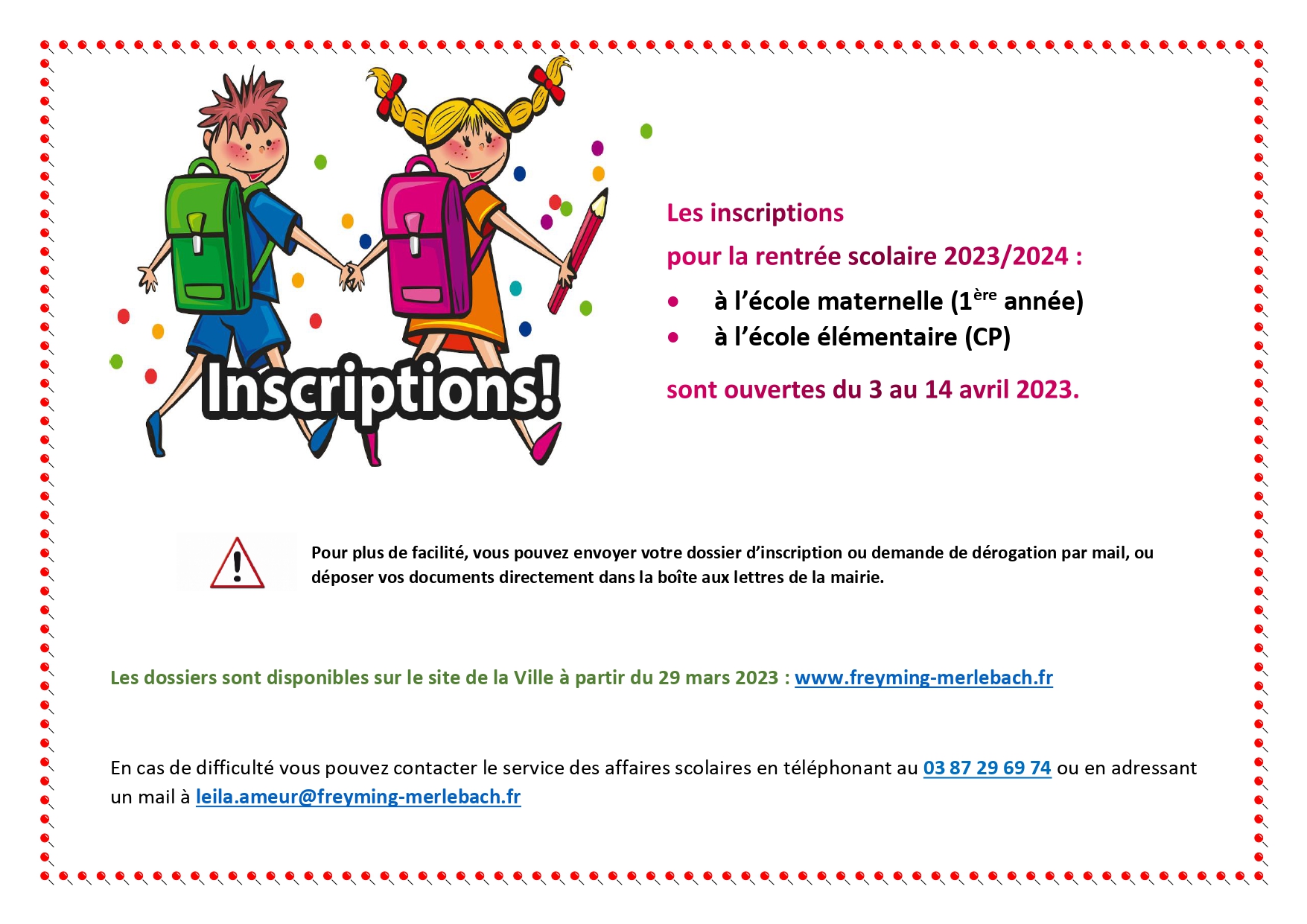 Affiche inscriptions scolaire 2023/2024